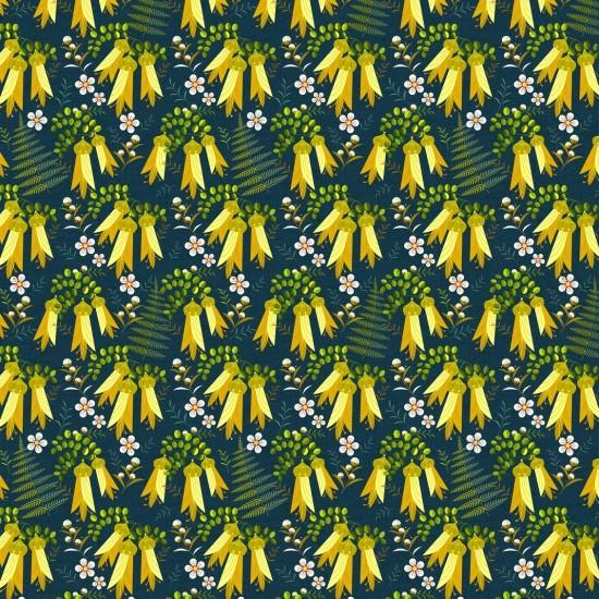 New Zealand designed quilt fabric  by Ellen  Giggenbach with pattern of kowhai blossoms on a navy background.