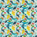 New Zealand designed quilt fabric  by Ellen  Giggenbach with pattern of tui birds and kowhai and pohutukawa on a blue  background.