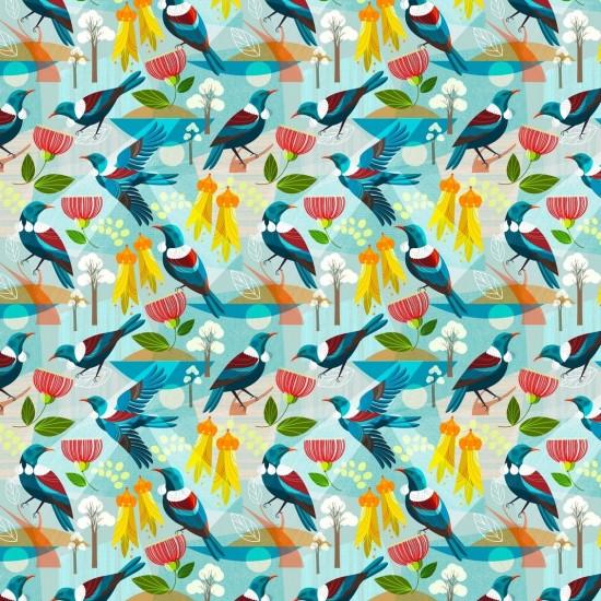 New Zealand designed quilt fabric  by Ellen  Giggenbach with pattern of tui birds and kowhai and pohutukawa on a blue  background.