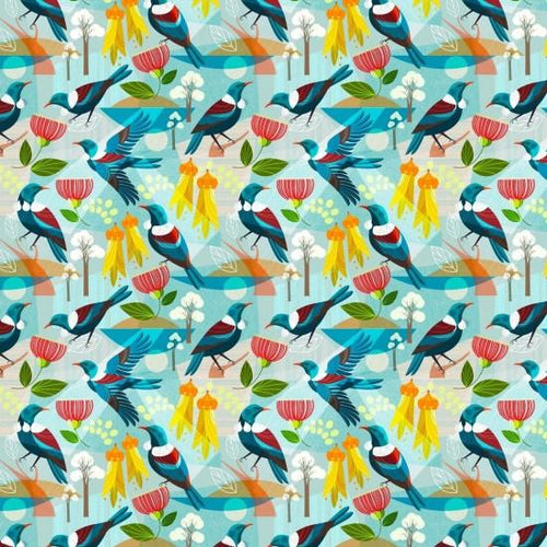 New Zealand designed quilt fabric  by Ellen  Giggenbach with pattern of tui birds and kowhai and pohutukawa on a blue  background.