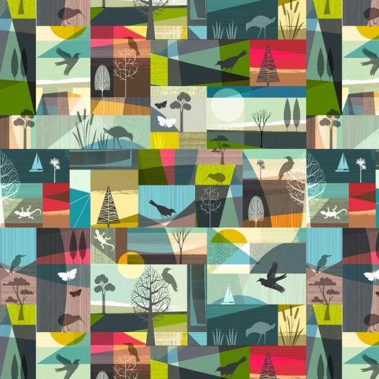 New Zealand designed quilt fabric  by Ellen  Giggenbach with tiny bird and plany motifs in a colourful mosaic. 