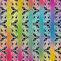 A Quilt fabric featuring the Maori Koru design in black and white on a colorful rainbow background.