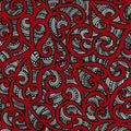 A Quilt fabric with Maori design featuring geometric shapes in black, white, and red colors.