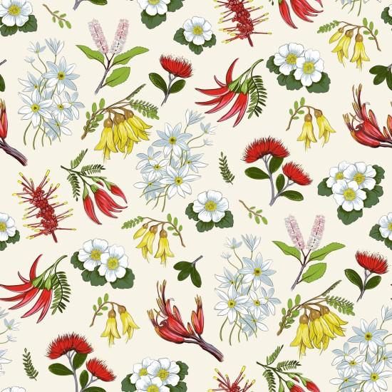 Swatch of New Zealand designed quilting fabric featuring a pattern of colorful New Zealand native flowers and leaves on a off-white background.