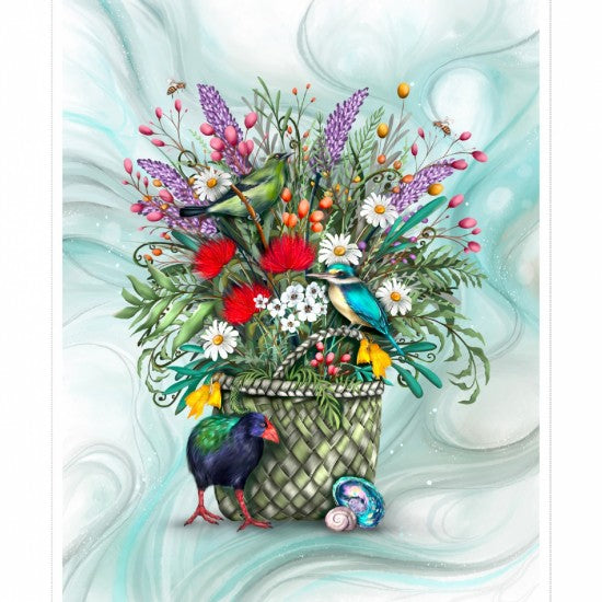 Colorful illustration of New Zealand birds and flowers in a woven basket on a light blue background.
