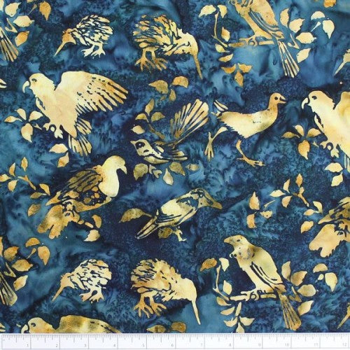 New Zealand designed quilt fabric with birds and floral elements on a textured background of beige on blues