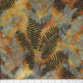 New Zealand designed quilt fabric with ferns on a textured background in shades of orange yellow green and slate blue
