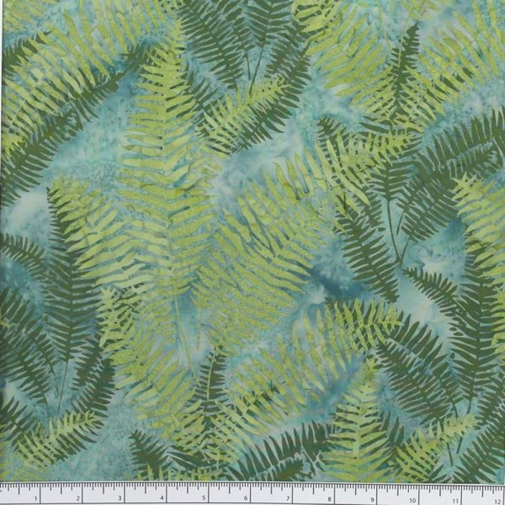 New Zealand designed quilt fabric with ferns on a textured background in shades of green blue and turquoise