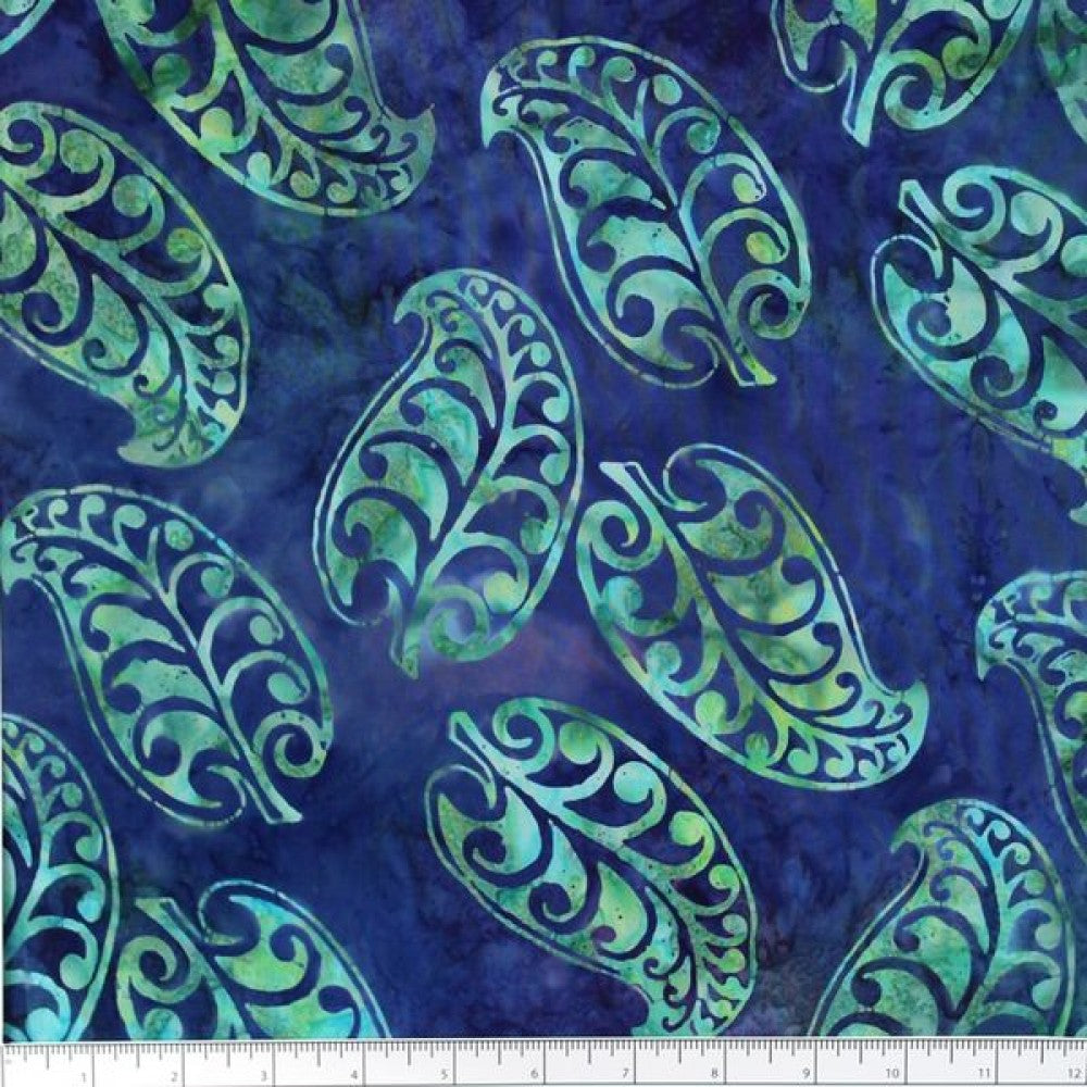New Zealand designed quilt fabric with Maori style leaf design in turquoise and peacock blue