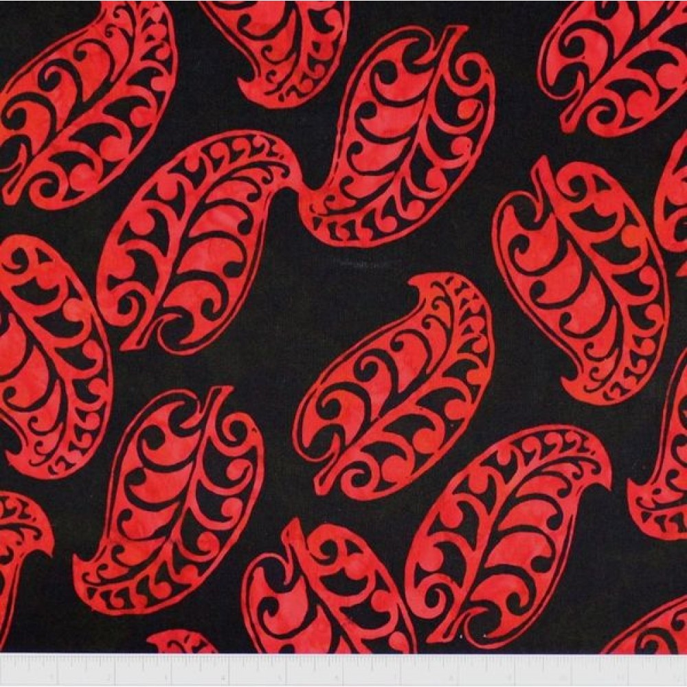 New Zealand designed quilt fabric with Maori style leaf design in red on black
