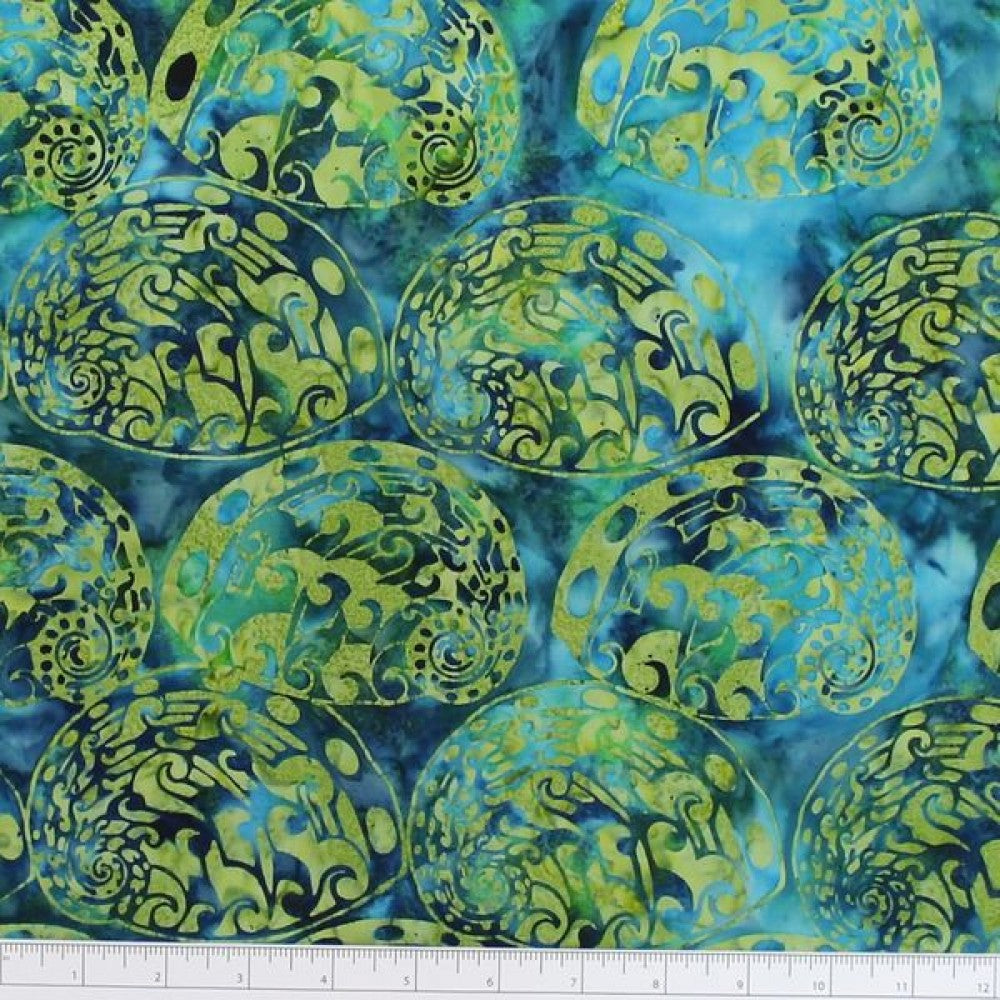 New Zealand designed quilt fabric with Maori style paua (abalone) design in turquoise green and blue