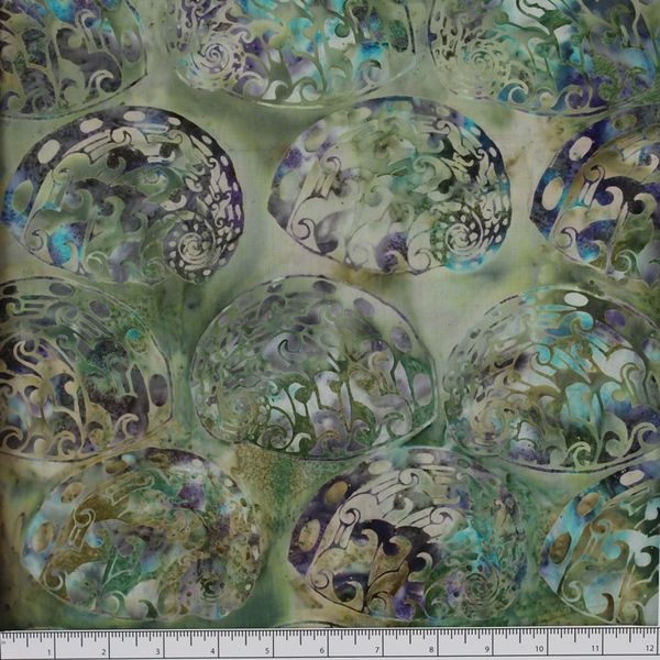 New Zealand designed quilt fabric with Maori style paua (abalone) design in turquoise purple beige and green