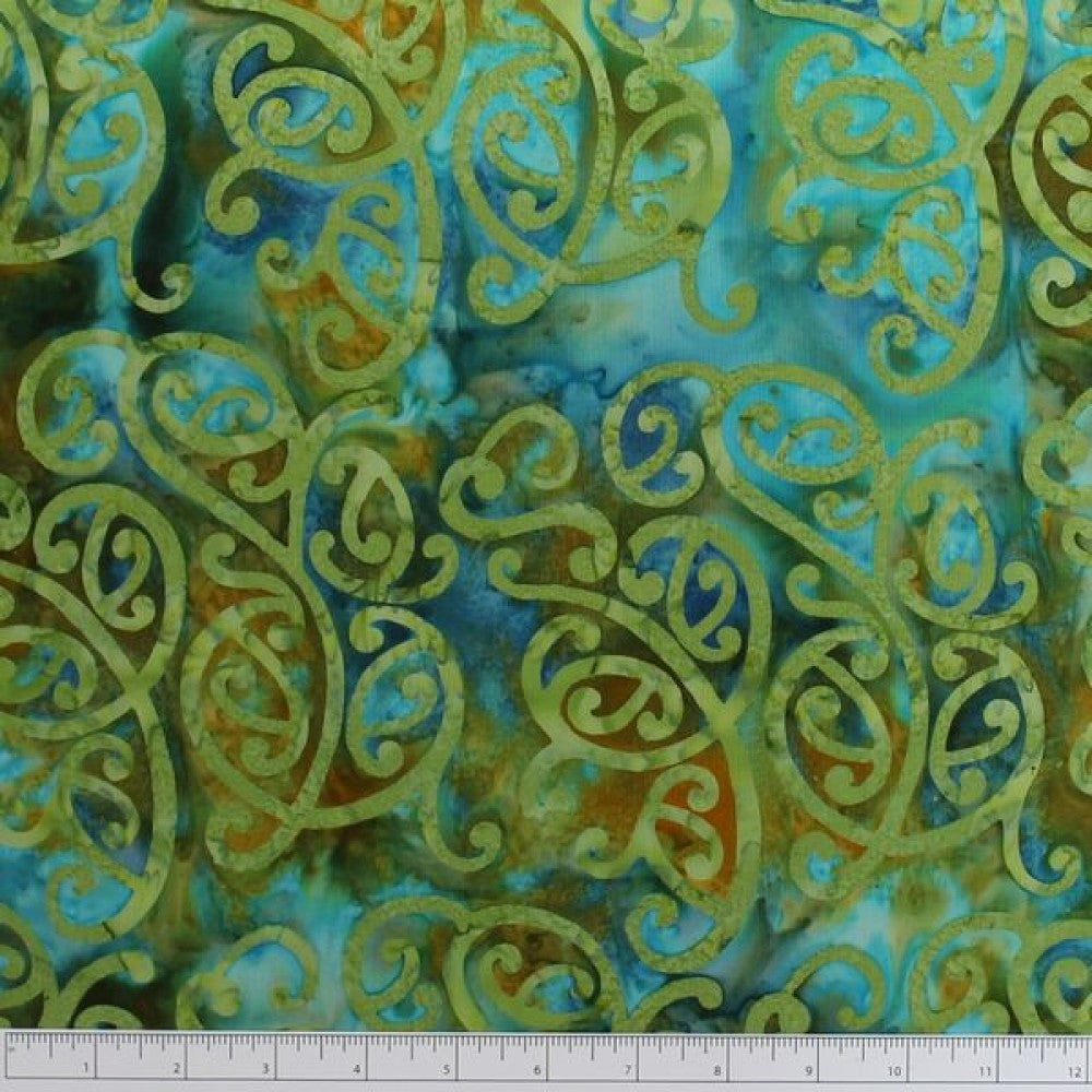 New Zealand designed quilt fabric with Maori style swirls design in turquoise and green