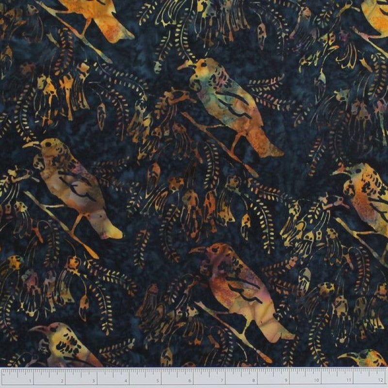 New Zealand designed quilt fabric with Tui birds and floral elements on a textured background in beige yellow and purple on navy