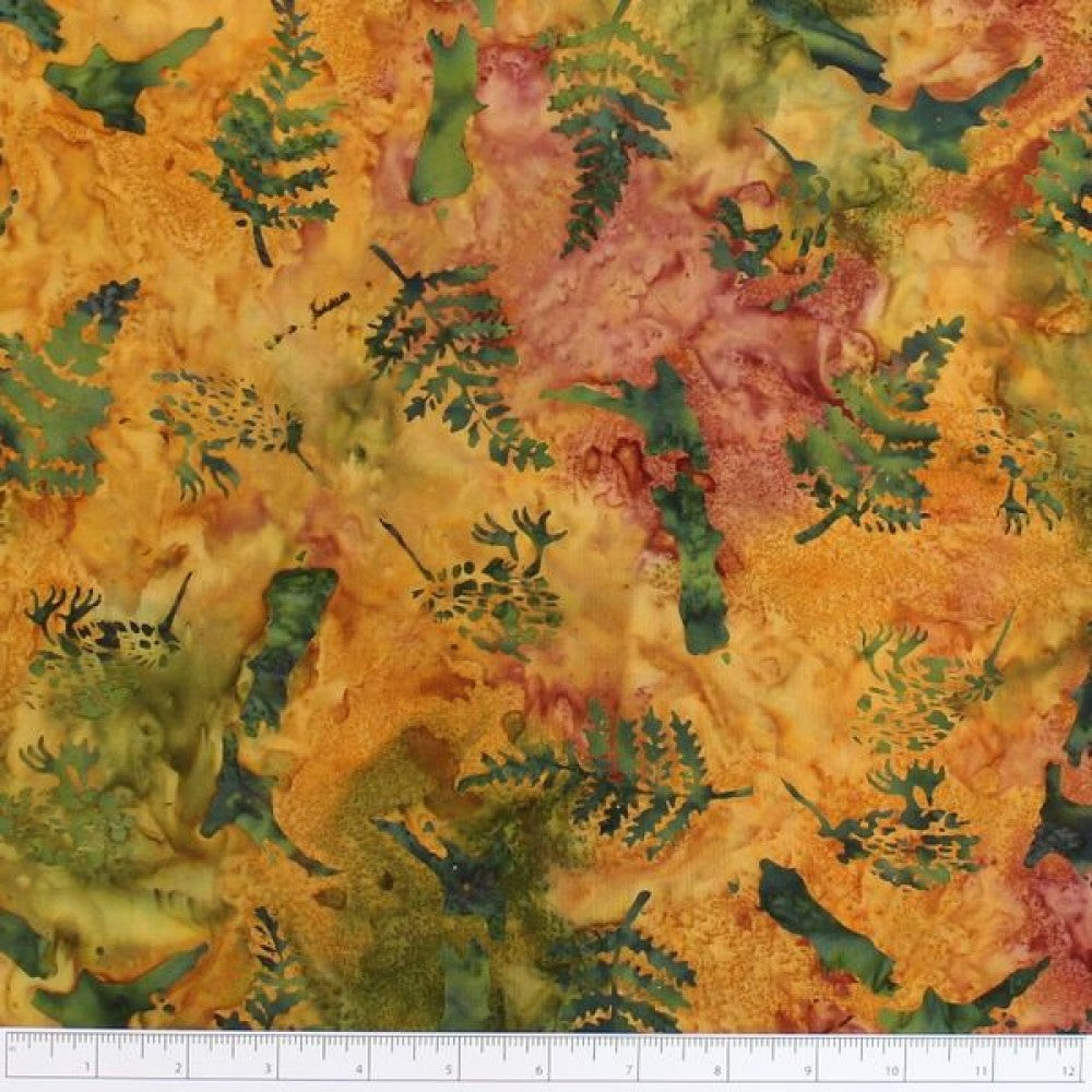 New Zealand designed quilt fabric with an Outline of the New Zealand Islands along with Kiwi birds and ferns on a textured background in green rust orange and brown