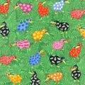 Colorful New Zealand Quilt Fabric of rainbow kiwi birds on a green leafy background