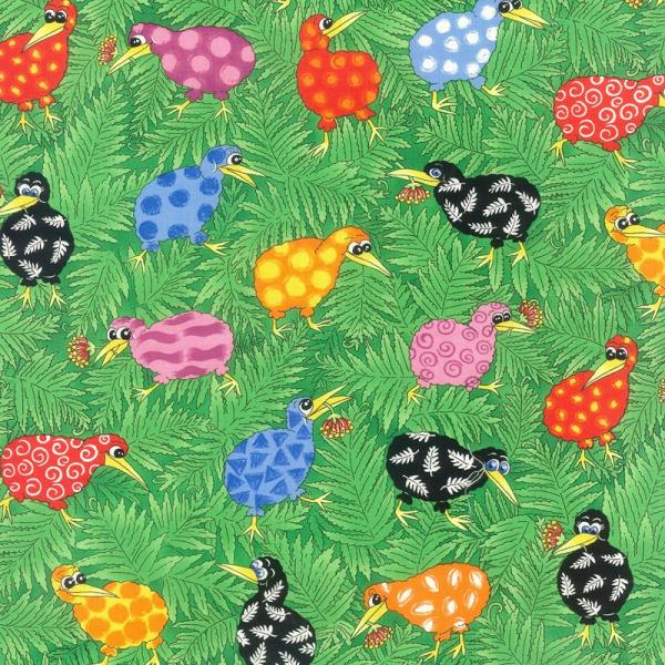 Colorful New Zealand Quilt Fabric of rainbow kiwi birds on a green leafy background