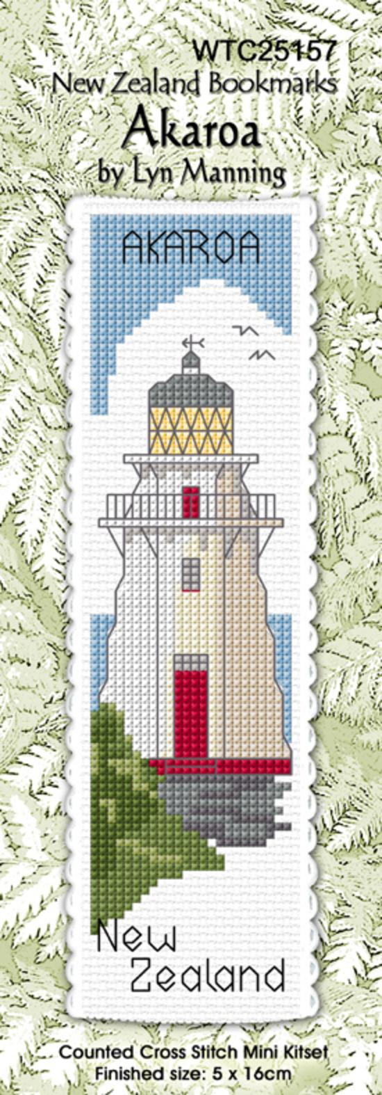 Cross-stitch bookmark kit with a lighthouse design, featuring the text 'Akaroa, New Zealand' by Lyn Manning.