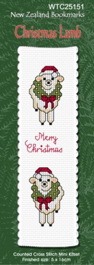 New Zealand designed Cross-stitch bookmark with Christmas Lambs.