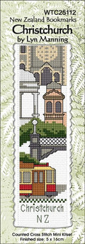 Cross-stitched bookmark of Christchurch, New Zealand with a tram and cathedral on a white background.