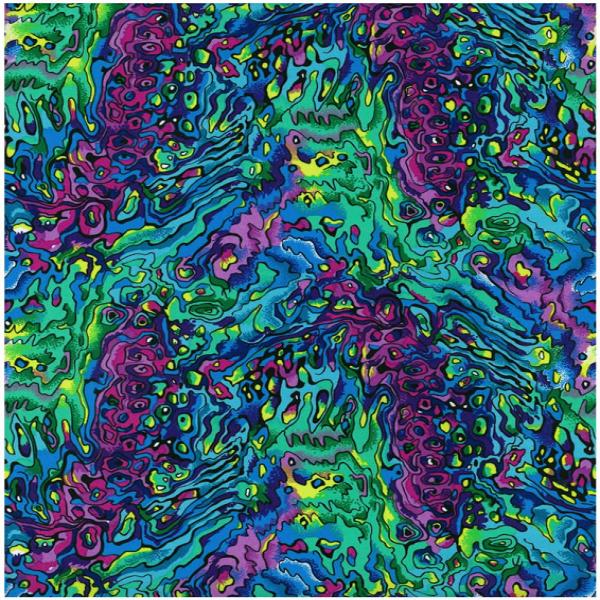 Colorful paua (abalone) quilt fabric design with vibrant blues, greens, and purples.