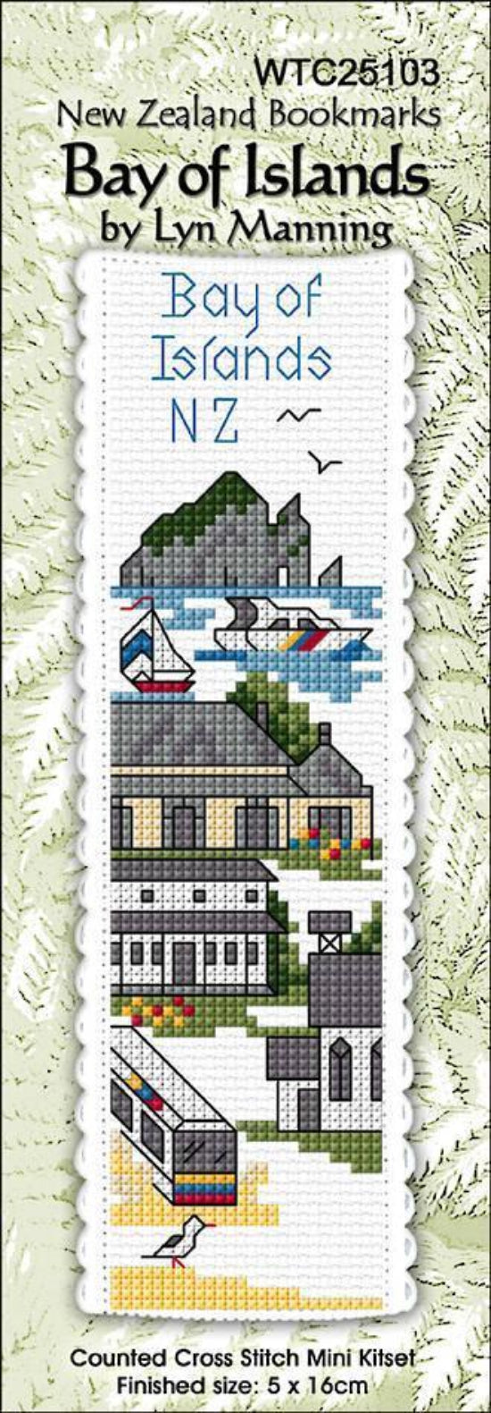 New Zealand Bookmarks Bay of Islands cross stitch mini kit by Lyn Manning, featuring a vertical stitched design of coastal houses, boats, and birds