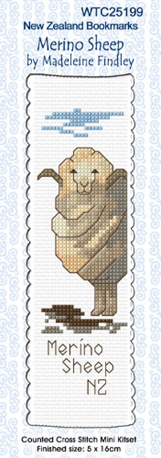 Cross stitch kit for 'Merino Sheep' by Madeleine Findley, New Zealand Bookmarks, featuring a completed cross-stitch design of a sheep in beige and brown tones with blue sky details.