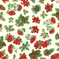 A Quilt fabric featuring traditional Christmas motifs such as poinsettias, pine cones, and holly, with a New Zealand native plant the Pohutukawa, and a gold overlay.