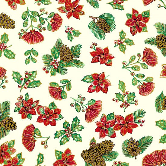 A Quilt fabric featuring traditional Christmas motifs such as poinsettias, pine cones, and holly, with a New Zealand native plant the Pohutukawa, and a gold overlay.