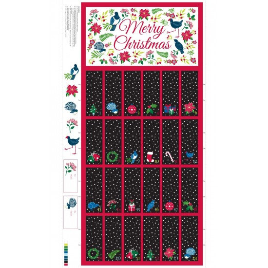 A New Zealand designed Christmas Advent Calendar fabric panel with festive designs and 'Merry Christmas' text.