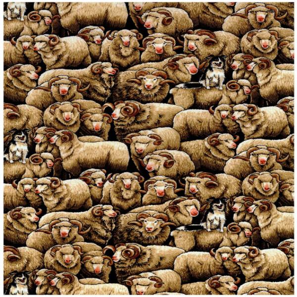 New Zealand Quilt fabric with design of a Herd of Sheep with a sheep dog among them