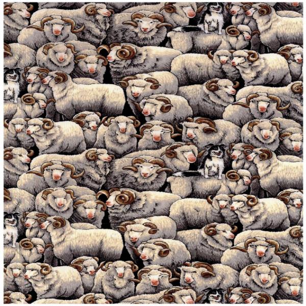 New Zealand quilt fabric with design of a Herd of Sheep with a sheep dog among them
