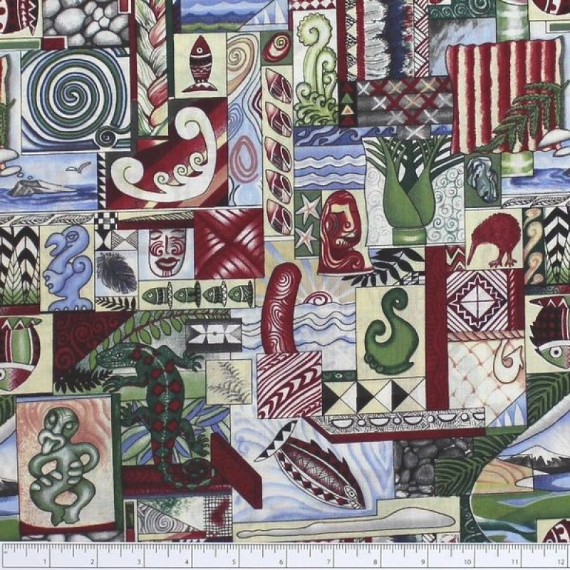 Colorful Quilt fabric with Maori and New Zealand designs on a cream background