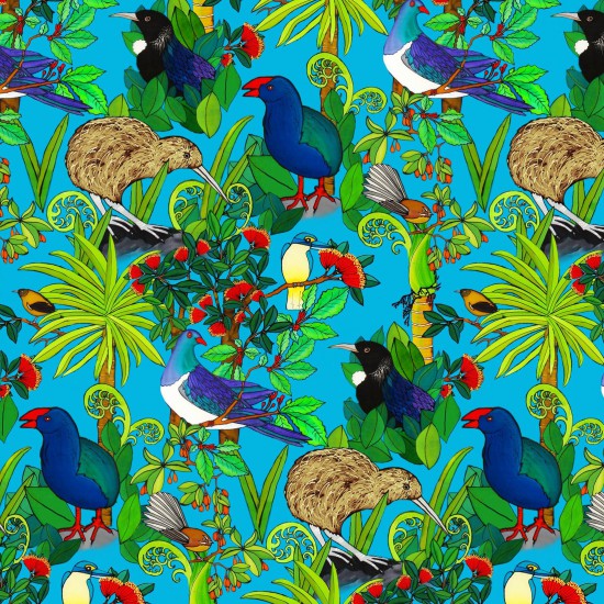 Colorful Quilt Fabric of native Kereru, Tui, Pukeko, Piwakawaka, Kotare and Kiwk birds and plants on a turquiose blue background