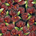 New Zealand Quilt Fabric of red Pohutukawa flowers with green leaves on a black background.
