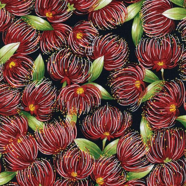 New Zealand Quilt Fabric of red Pohutukawa flowers with green leaves on a black background.