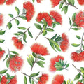 Quilt Fabric of New Zealand Pohutukawa flowers and green leaves on a white background.  A celebration of our New Zealand Christmas Tree!