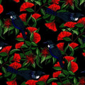 Quilt Fabric with a print of New Zealand tui birds in a Pohutukawa tree on a navy background.