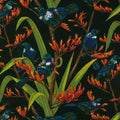 Quilt Fabric of Native Tui birds and red Flax flowers on a black background
