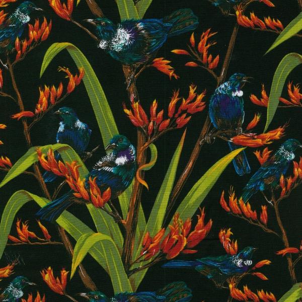 Quilt Fabric of Native Tui birds and red Flax flowers on a black background