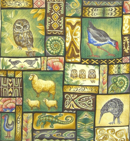 Fabric panel with with various New Zealand animals, birds, and Maori designs in a patchwork style.
