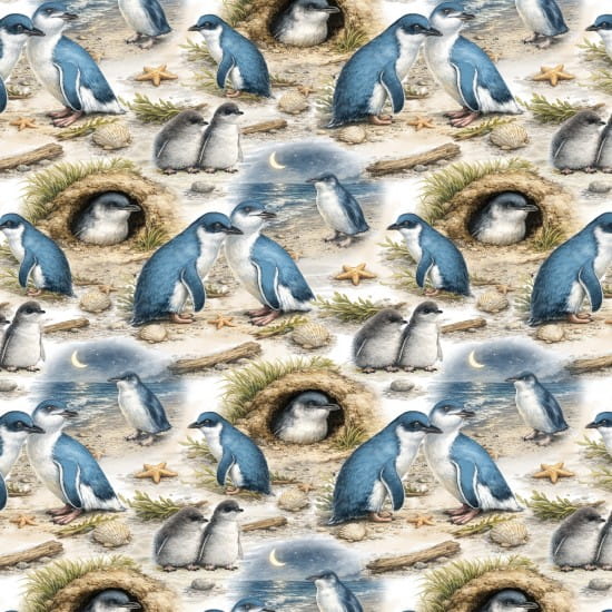 A repeating illustrated pattern of penguins in a beachy coastal scene, including standing penguins, pairs near nests, penguins in burrows, starfish, and driftwood motifs on a light sandy background.