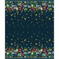 Quilt fabric with colorful floral and bird pattern on a dark navy background