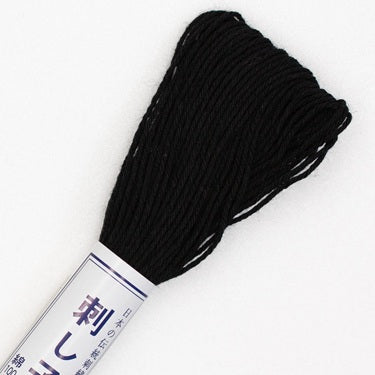 Black Sashiko thread on a white background with a label