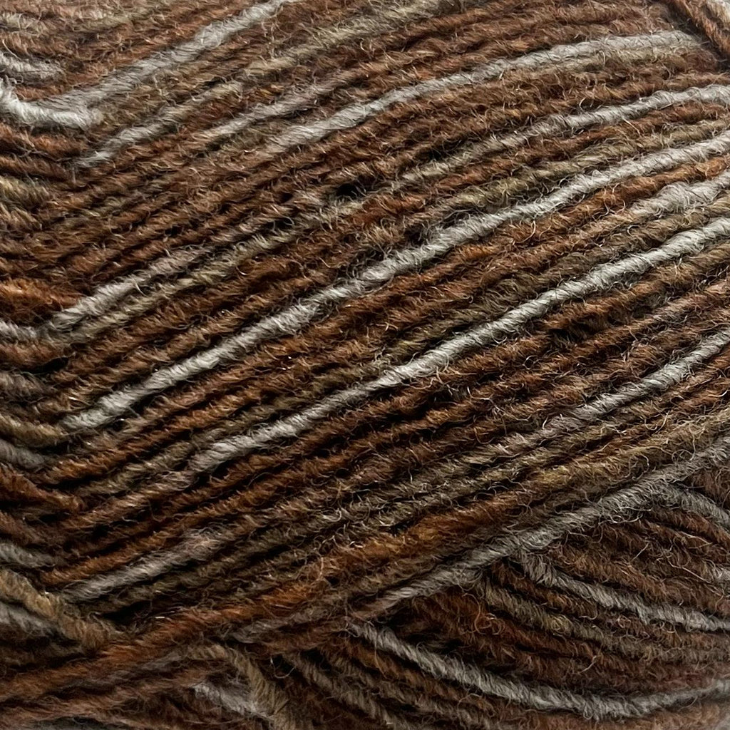 Close-up of brown and gray yarn with a textured pattern