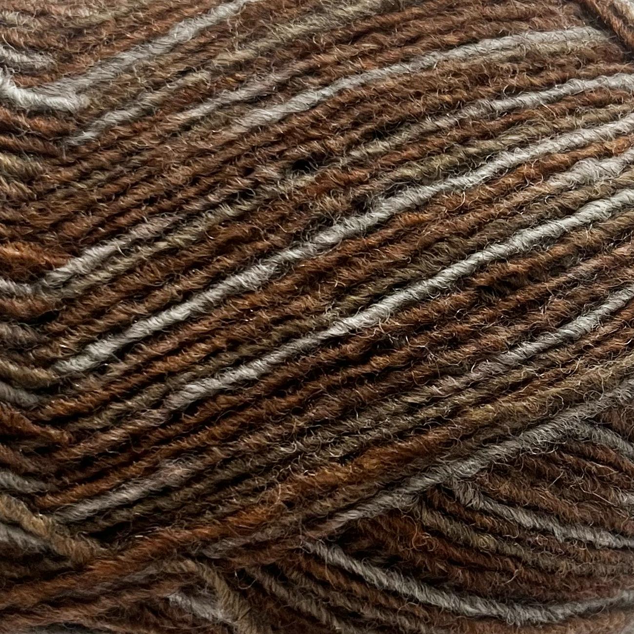 Close-up of brown and gray yarn with a textured pattern