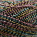 Close-up of a skein of multicolored yarn with earthy tones and a textured pattern
