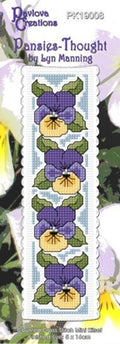 Cross-stitch kit for 'Pansies' by Lyn Manning with yellow and purple flowers on a white background.