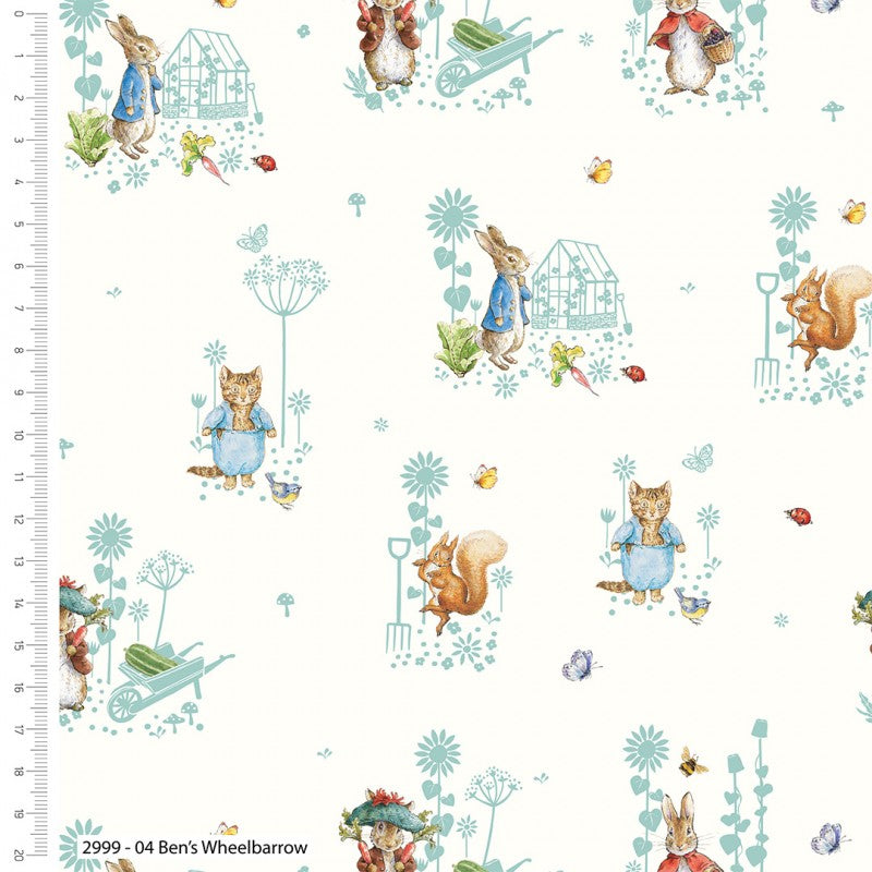 Quilting Fabric with a print of Peter Rabbit and other characters in a garden setting on an ivory background.