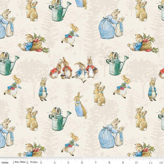 Printed Quilt fabric featuring Peter Rabbit and friends on a cream background.